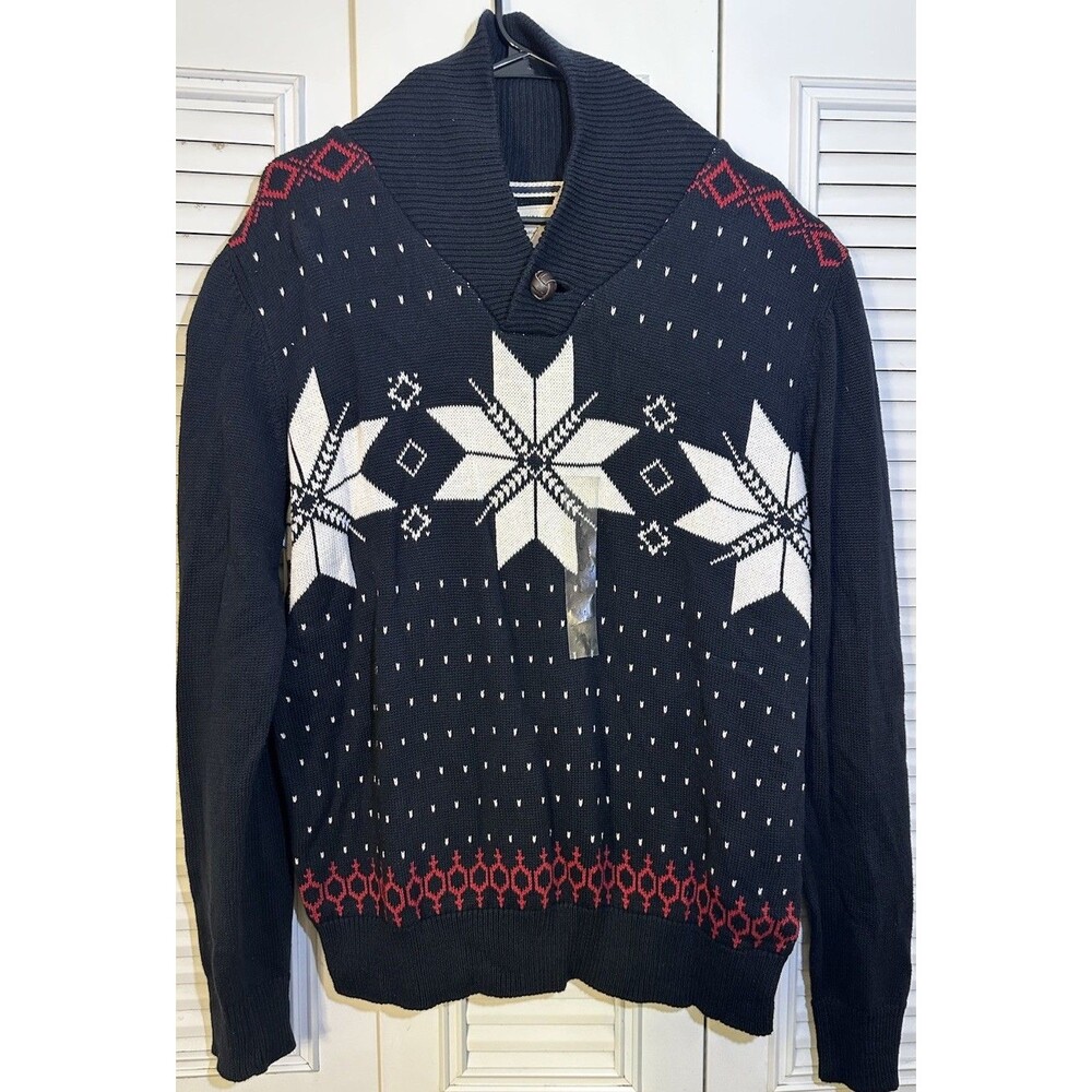 Weatherproof Vintage Men’s L Snowflake Knit Shawl Collar 100% Cotton Sweater